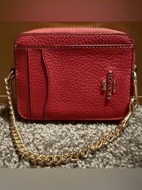 Coach Pebbled Leather pink Wristlet with Gold Chain